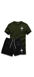 Kit Conjunto Camiseta Cruz Riscada Algodão+Bermuda Tactel Preto  Do P ao GG