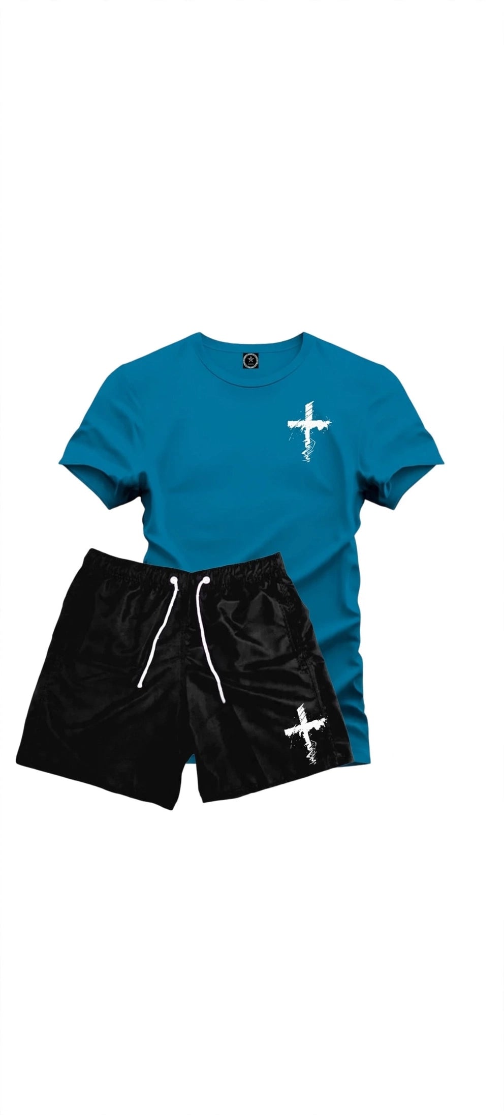 Kit Conjunto Camiseta Cruz Riscada Algodão+Bermuda Tactel Preto  Do P ao GG