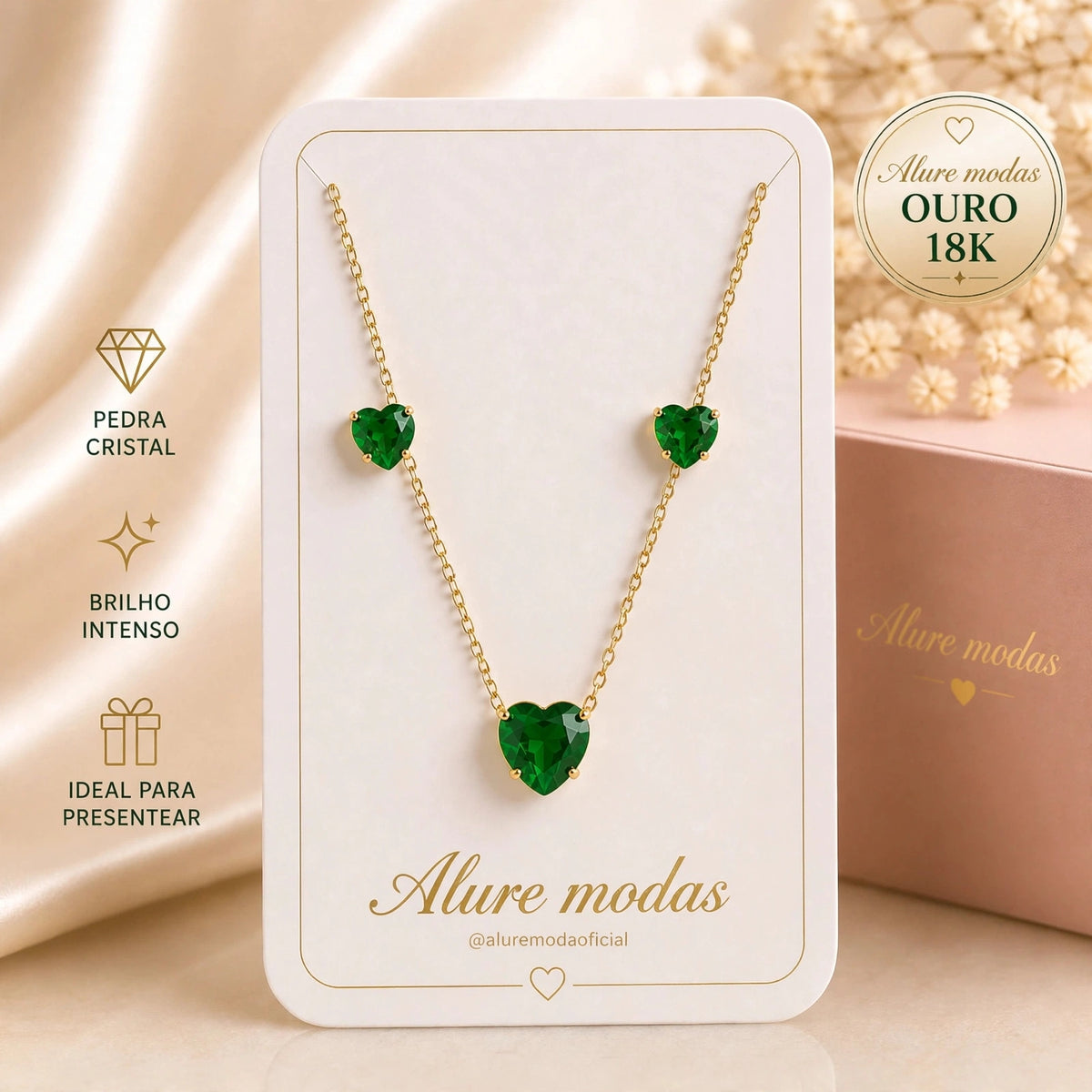 Conjunto Colar e Brincos Coração Verde Feminino