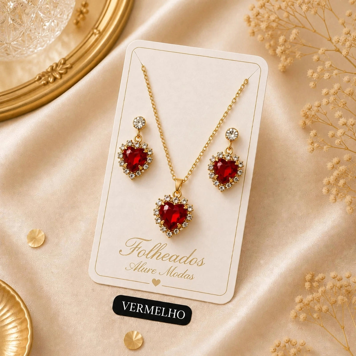 Conjunto Colar e Brincos Coração Vermelho