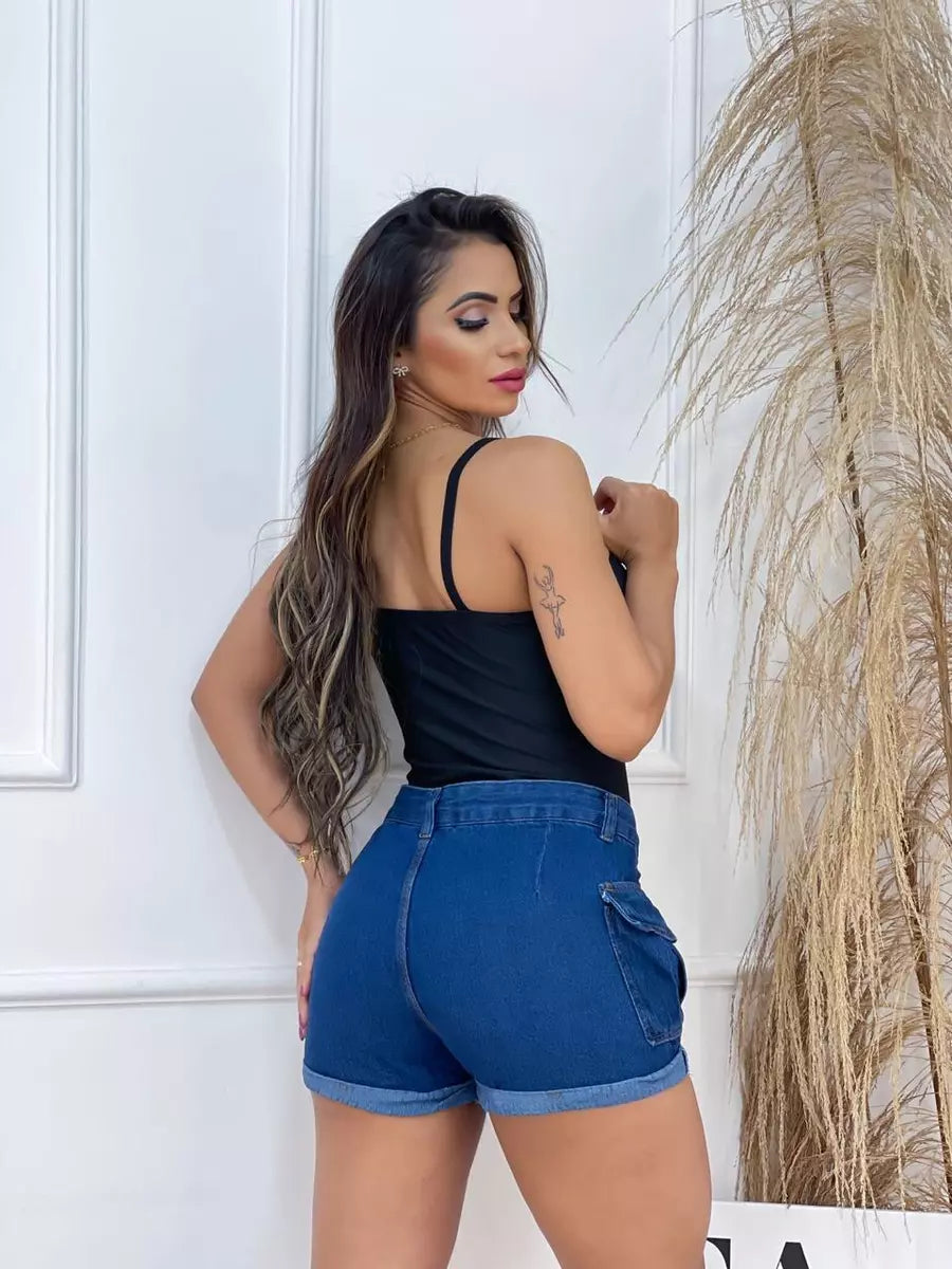 Short Jeans Cargo Feminino Cintura Alta