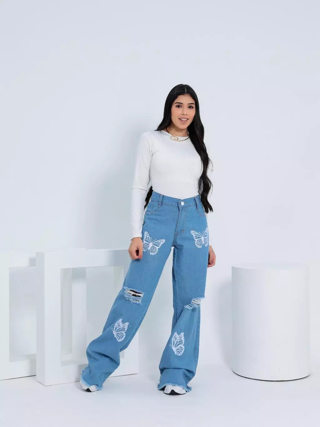 Calça Jeans Wide Leg Juvenil Borboleta