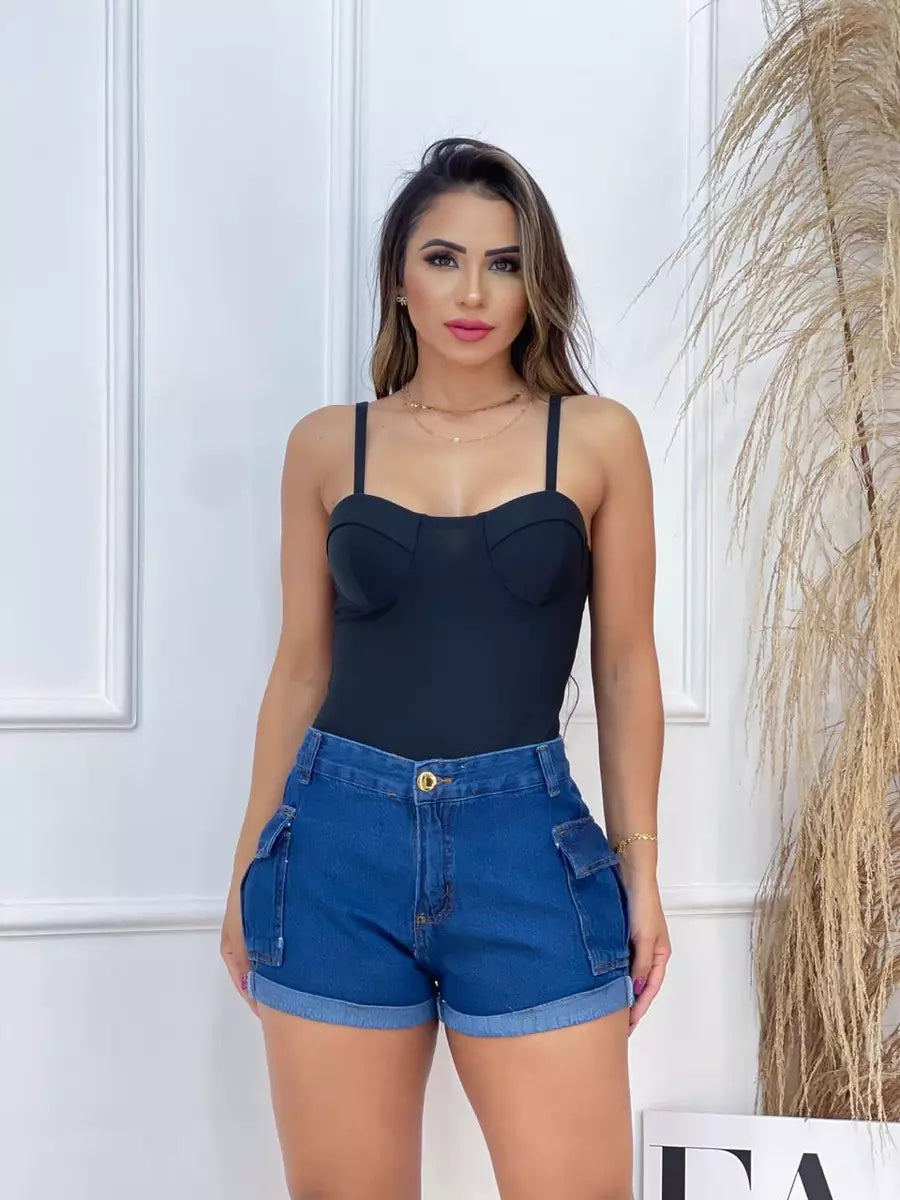 Short Jeans Cargo Feminino Cintura Alta