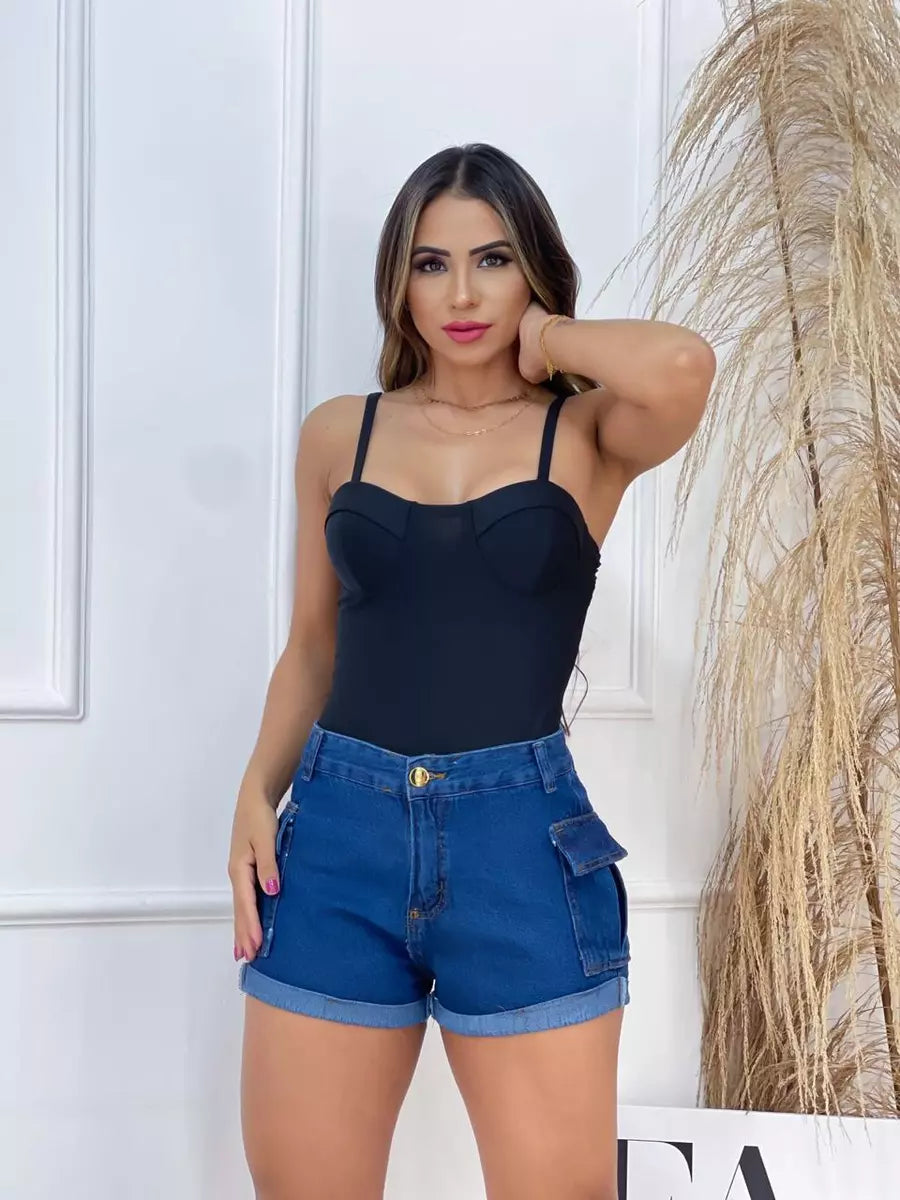 Short Jeans Cargo Feminino Cintura Alta