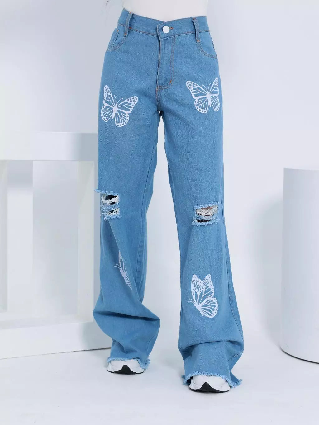 Calça Jeans Wide Leg Juvenil Borboleta