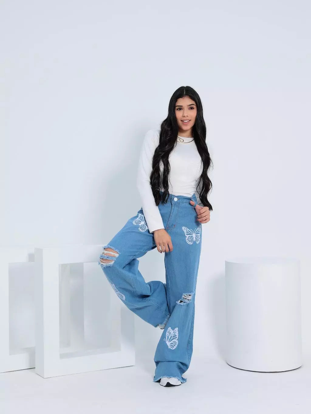 Calça Jeans Wide Leg Juvenil Borboleta